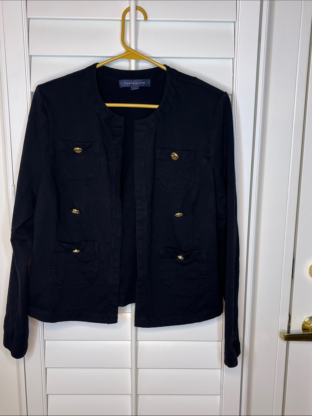 Tommy Hilfiger Black Collarless Blazer with Gold Buttons L